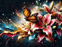 Czarne, Lilie, Farba, Grafika, Motyl, Kwiaty, Tło