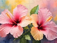 Hibiskus, Różowe, Kwiaty, Grafika