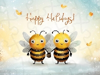 Dwa, Napis, Pszczoły, Grafika, Happy Holidays