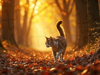 Kot, Ścieżka, Las, Grafika AI, Jesień