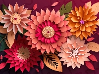 Kwiaty, Liście, Kolorowe, Grafika AI, Kompozycja