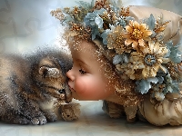 Mały, Dziewczynka, Kot, Grafika AI, Kwiaty