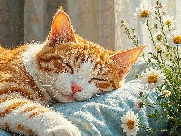 Rudy, Kot, Śpiący, Grafika AI, Kwiaty