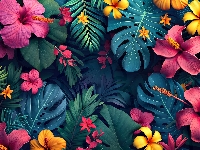 Monstera, Plumeria, Hibiskus, Kwiaty, Grafika, Liście
