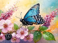 Niebieski, Jeżyny, Liście, Grafika, Kwiaty, Różowe, Motyl