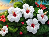 Liście, Hibiskus, Kwiaty, Grafika
