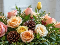 Kwiaty, Szyszki, Róże, Grafika AI, Liście