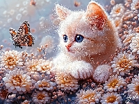 Kot, Kwiaty, Kotek, Grafika AI, Motyle