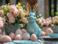Kwiaty, Wielkanoc, Pisanki, Grafika, Królik, Figurka, Róże