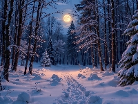 Księżyc, Zima, Ścieżka, Grafika, Drzewa, Las, Noc