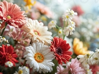 Kwiaty, Gerbery, Kolorowe, Grafika, Rozmyte tło