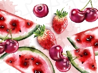 Czereśnie, Owoce, Truskawki, Grafika, Kawałki, Arbuz, Wiśnie