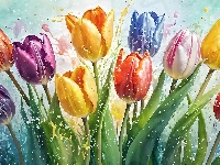 Tulipany, Kolorowe, Rozkwitające, Grafika