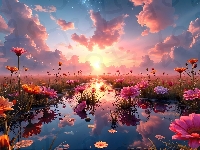 Kwiaty, Odbicie, Woda, Grafika AI, Zachód słońca