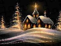 Kościół, Noc, Choinki, Grafika AI, Zima
