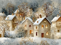 Ośnieżone, Drzewa, Domy, Grafika AI, Zima