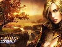 Skały, Guild Wars, Woda, Kobieta, Zbroja, Drzewo