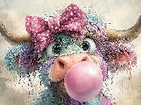 Krowa, Różowa, Długowłosa, Guma do żucia, Kokarda