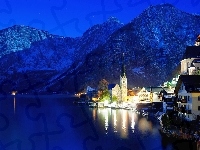 Alpy Salzburskie, Zima, Światła, Miasteczko Hallstatt, Góry, Austria, Jezioro Hallstättersee, Noc