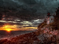 Zachód Słońca, Morze, Maine, Latarnia Morska, Chmury, Bass Harbor