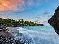 Hawaje, Zachód słońca, Skały, Wyspa Maui, Morze, Stany Zjednoczone, Park stanowy Waianapanapa, Palmy