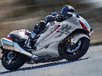 Motocykl, Srebrny, Suzuki Hayabusa, Motocyklista, Bok