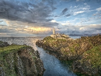 Skały, Chmury, Turystyczna, Latarnia morska, Fanad Head Lighthouse, Atrakcja, Morze, Irlandia