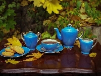 Liście, Herbata, Serwis do kawy, Kompozycja, Ciastka, Niebieski