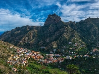 Vallehermoso, Szczyt Roque Cano, Góry, Dolina, Domy, Wyspy Kanaryjskie, Hiszpania, Miasto, Gomera