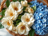Koszyk, Kamelie, Kwiaty, Hortensje, AI, Niebieskie