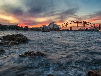 Sydney, Sydney Opera House, Zatoka Port Jackson, Most Sydney Harbour, Australia, Zachód słońca