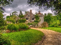 Staw, Chmury, Ścieżka, Scotney Castle, Dworek, Zieleń, Park, Hrabstwo Kent, Anglia, Trawnik, Ogród, Drzewa