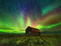 Stary, Łąka, Dom, Islandia, Zorza Polarna
