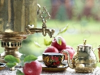 Jabłka, Samowar, Herbata, Filiżanki