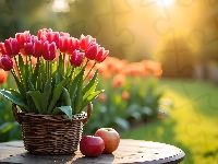 Tulipany, Jabłka, Koszyk, Grafika, Stolik