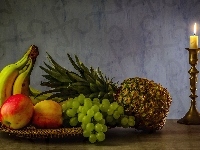 Jabłka, Świeca, Ananas, Winogrona, Banany