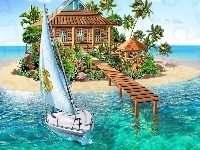 Jacht, Dom, Palmy, Wyspa, Pomost, Morze