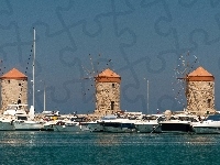 Port jachtowy Mandraki, Motorówki, Grecja, Wyspa Rodos, Wiatraki