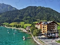 Góry, Jachty, Jezioro, Lasy, Hotel, Tyrol, Pertisau, Achensee