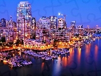 Jachty, Nocą, Drapacze Chmur, Marina, Vancouver