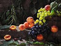 Beczułka, Kompozycja, Liście, Brzoskwinie, Ciemne, Winogrona, Owoce, Jasne