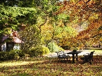 Jesień, Altanka, Park, Drzewa, Ławeczki