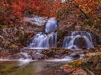 Drzewa, Skały, Wodospad, Jesień