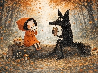 Jesień, Las, Drzewa, Bajka, Czerwony Kapturek, Kłoda, Grafika, Wilk