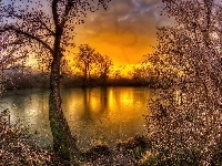 Jesień, Jezioro, Zachód słońca, HDR