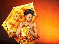 Jesienne, Liście, Modelka, Parasol, Kwiaty