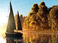 Jezioro, Wschód słońca, Jesień, Żaglówka, Drzewa