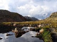 Jezioro, Wzgórza, Łąka, Głazy