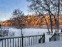 Balustrada, Zima, Drzewa, Jezioro