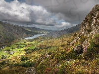 Jezioro, Dolina Nantlle Valley, Walia, Park Narodowy Snowdonia, Chmury, Wzgórza